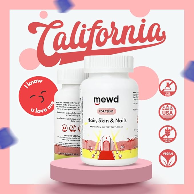 MEWD Teen and Kids Hair Skin+Nails Daily Multivitamin Gummy Strengthener Formula - Chewable Vitamin Supplements with BiotinZincVitamins A B &amp D3 for Girls &amp Boys 60 Made in USA