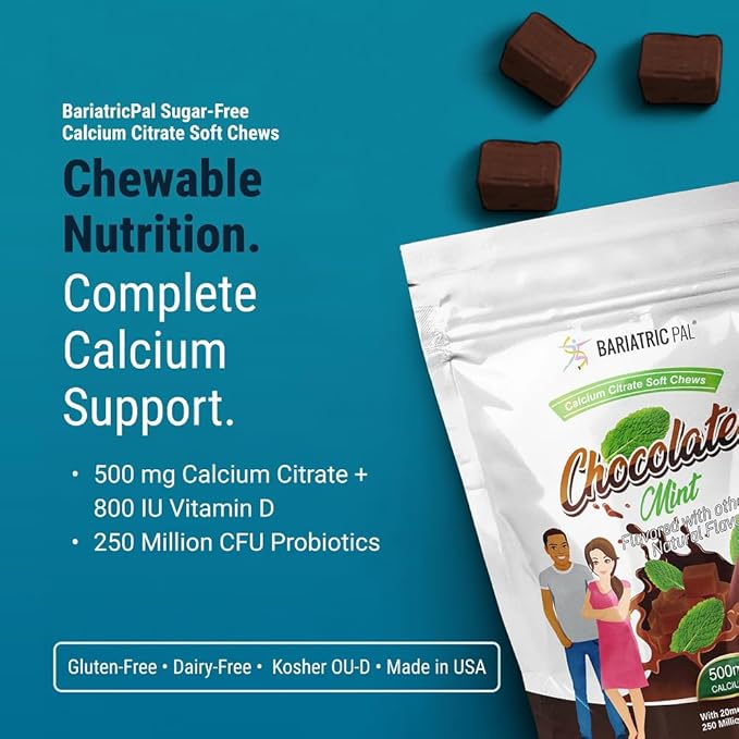 BariatricPal Sugar-Free Calcium Citrate Soft Chews | 500mg with Vitamin D &amp Probiotics | Chocolate Mint | 90 Count (1 Month Supply)