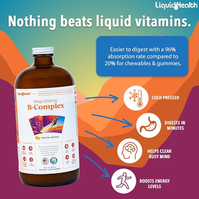 LIQUIDHEALTH Complete Multiple &amp Mega Energy B-Complex Daily Liquid Vitamins Bundle for Adults - Immune System Support Increase Energy Gut &amp Heart Health - Whole Foods Vegan Non-GMO Made