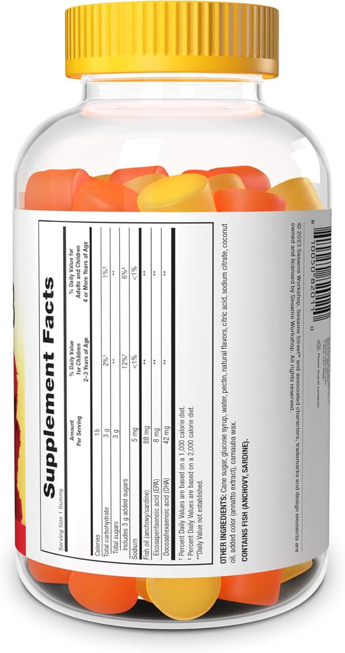 Sesame Street Omega 3 Gummies for Kids 50 mg of Omega-3 per Gummy 4 Month Supply No Fishy Aftertaste Shellfish Free Supplement Brain &amp Eye Support 120 Gummies