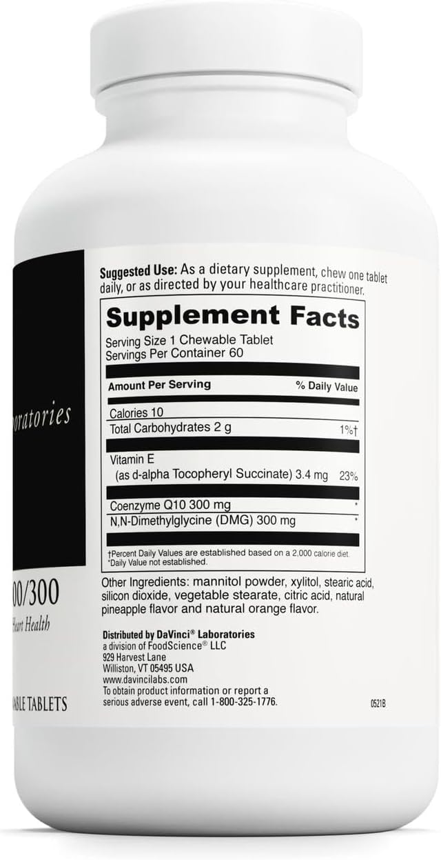 DAVINCI Labs CoQ10 - DMG 300/300 - Supports Heart Health and Energy Function - Dietary Supplement with Coenzyme Q10 &amp Vitamin E - Vegetarian - Gluten-Free - 60 Orange Flavored Chewable Tablets