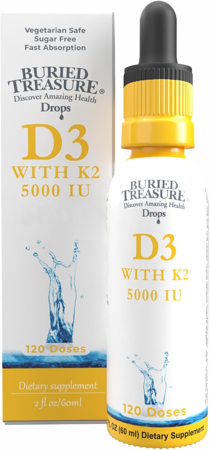 Buried Treasure Vitamin D3 &amp K2 Drops - 5000 IU D3 with 100 mcg K2 for Bone Heart &amp Immune Support Sugar Free 2 fl oz