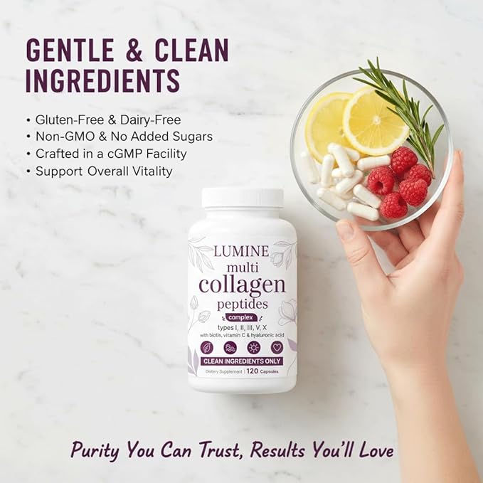 LUMINE Multi Collagen Complex Capsules – Hydrolyzed Protein Peptides Types I II III V &amp X for Hair Skin Nails &amp Joint Support – Non-GMO Gluten-Free &amp Easy to Swallow (120 Capsules)