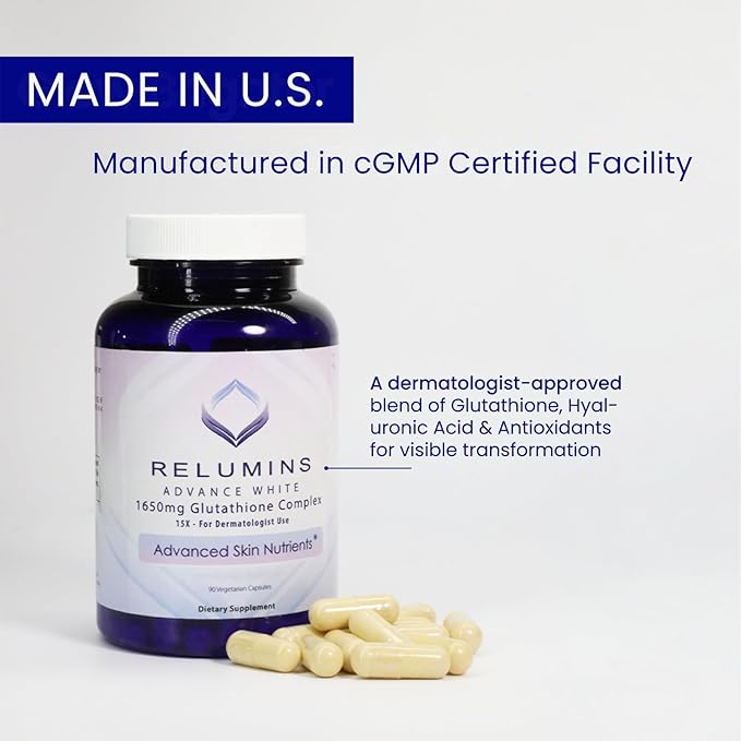 Relumins 1650mg L-Glutathione Complex with Hyaluronic Alpha Lipoic Rose HIPS Vitamin E &amp Riboflavin Spring Glow Essentials – Your Radiant Skin Starts Here Made in USA – 90 Caps x 3 Bots