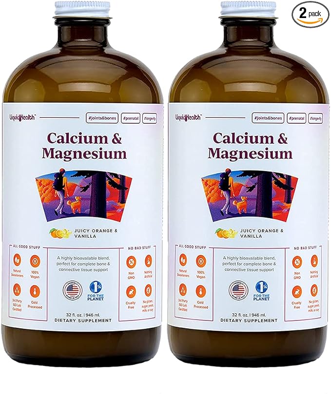 LIQUIDHEALTH Calcium &amp Magnesium Adult Liquid Vitamin Supplement - Bone Joint Muscle Connective Tissue Support Heart Health Essential Nutrients - Made in USA Vegan Non GMO No Sugar (2 Pack