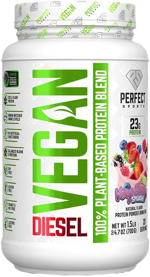 PERFECT SPORTS Vegan Diesel 100% Plant Based Protein | Whole Food Blend | No Artificial Sweeteners Lactose Free Keto | 23g Protein | 1.5 Pounds (Very Berry Splash)