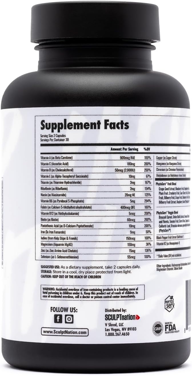 Sculpt Nation by V Shred Multivitamin - Daily Multivitamin for Women and Men with Zinc Vitamin C and Copper Nutritional Support with One Serving of Fruit and Veggies - 60 Capsules