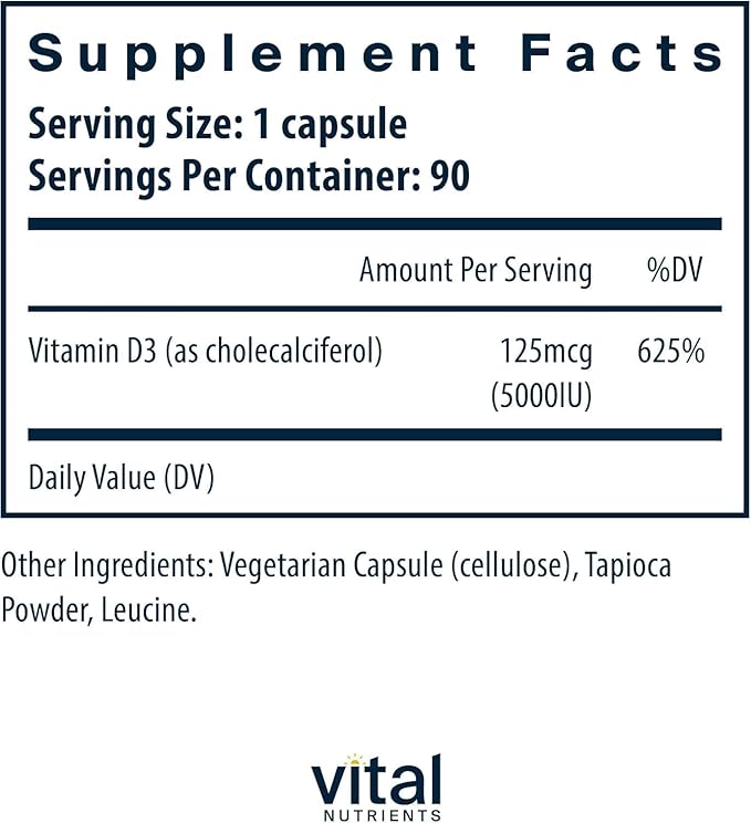 Vital Nutrients Vitamin D 5000 IU - Vitamin D3 Supplement - Healthy Bones Teeth Muscles*- Cellular &amp Immune Function - Calcium Absorption - Gluten Dairy and Soy Free - 90 Capsules