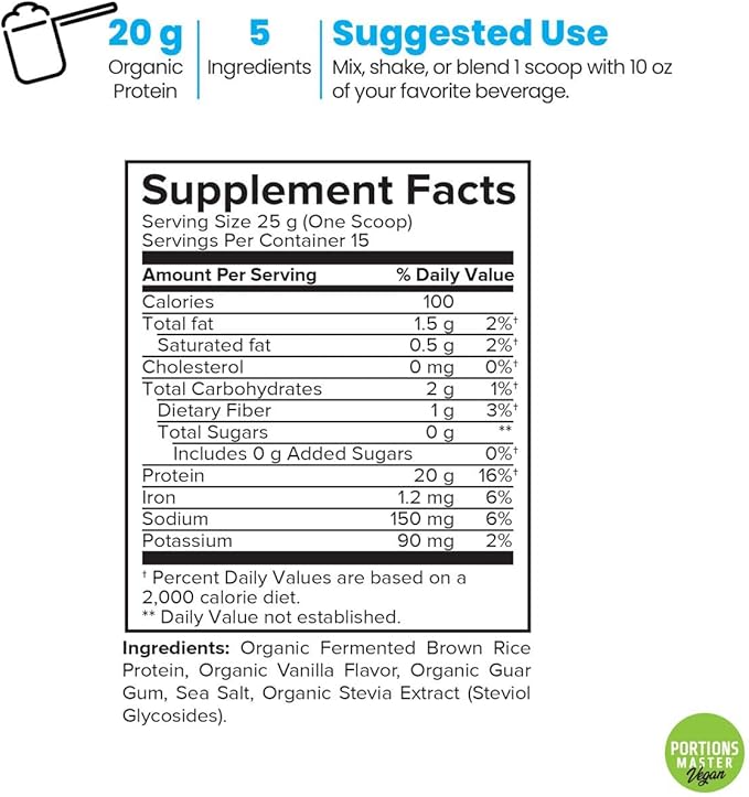 Portions Master Plant Protein Organic Plant Based Protein Powder with Fermented Brown Rice Complete Amino Acid Profile Vegan Non GMO Gluten Free (375g Vanilla)