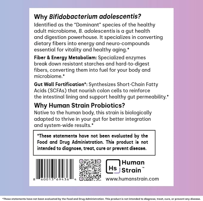 Human Strain Bifidobacterium Adolescentis Probiotic | Fewer Urgent Bowel Movements Reduced Bloating/Gas &amp Digestion Support | Clinically Studied Synbiotic | 30ct (30 Day Supply)