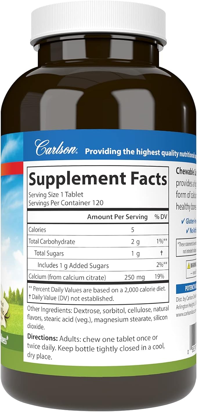 Carlson - Chewable Calcium Citrate 250 mg Highly Absorbable Bone Support Healthy Teeth &amp Optimal Wellness Natural Vanilla Flavor 120 Tablets