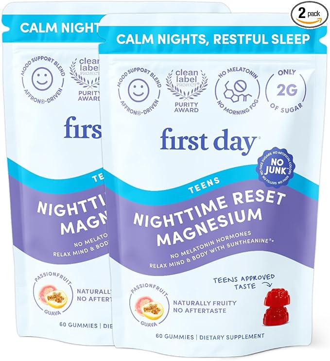 First Day Teens’ Nighttime Reset Calming Magnesium Gummies – Sleep Aid Supports Peaceful Rest Balanced Mood &amp Energy – Supplement with Magnesium Citrate Affron &amp No Melatonin – 60-Day Supply