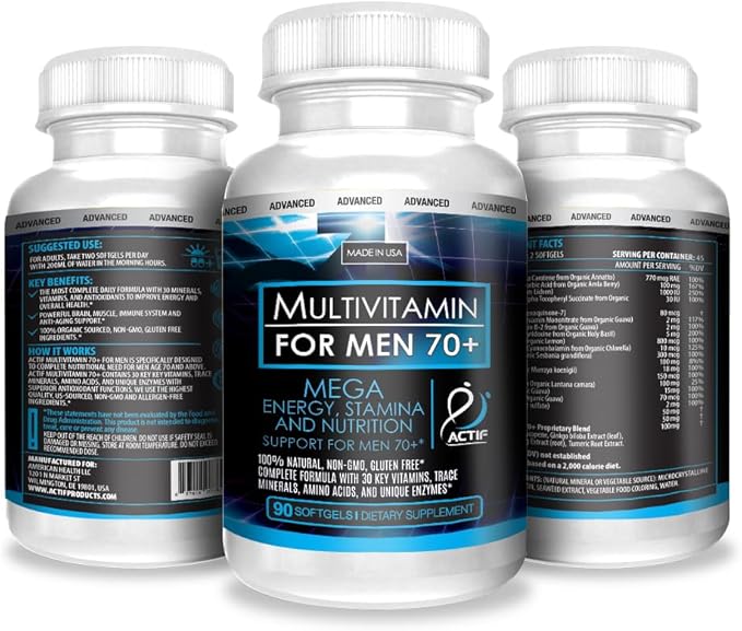 ACTIF Multivitamin for Men Age 70+ with 30 Advanced Factors – Non GMO Made in USA 90 Count