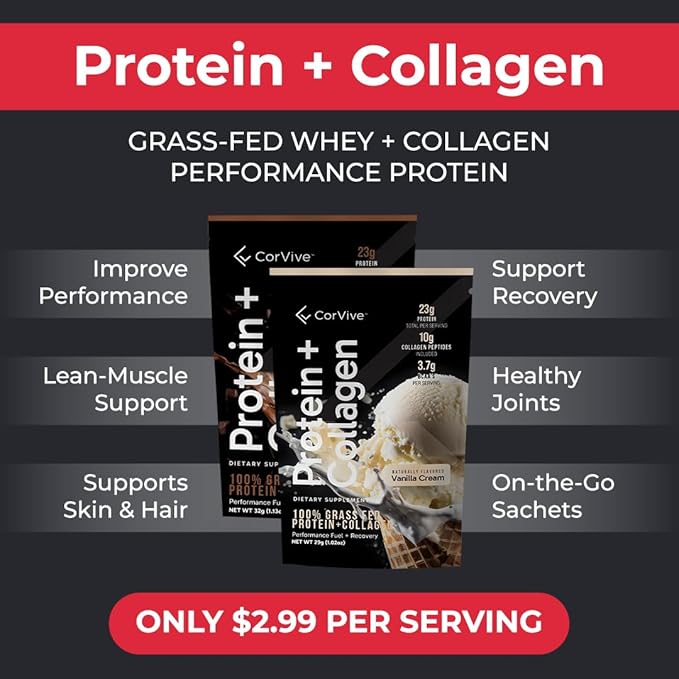 Protein + Collagen Powder | 23g Protein (Grass-Fed Whey + Collagen) | 3.7g BCAAs | Supports Muscle &amp Joint Health | Gluten &amp Soy Free | No Artificial Ingredients | 15 Sachets - Chocolate