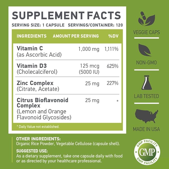 | C D Z | Vitamin C 1000mg | Vitamin D3 125mcg | Zinc 25mg | Non-GMO &amp Gluten Free | 120 Vegetarian Capsules | 120 Servings