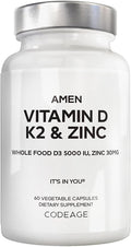 Amen Vitamin D K2 &amp Zinc Cholecalciferol D3 5000 IU Organic Whole Food Blend with Apple Blueberry Cranberry Elderberry Powder Fruits Vegan Supplement D3 K2 Vitamins Non-GMO - 60 Capsules