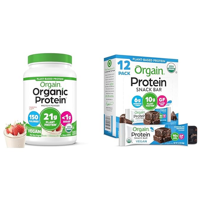 Bundle of Orgain Organic Vegan Protein Powder Strawberries &amp Cream 21g Plant Based Protein 2.03 lb + Orgain Organic Vegan Protein Bars Chocolate Brownie 10g Plant Based Protein Pack of 12