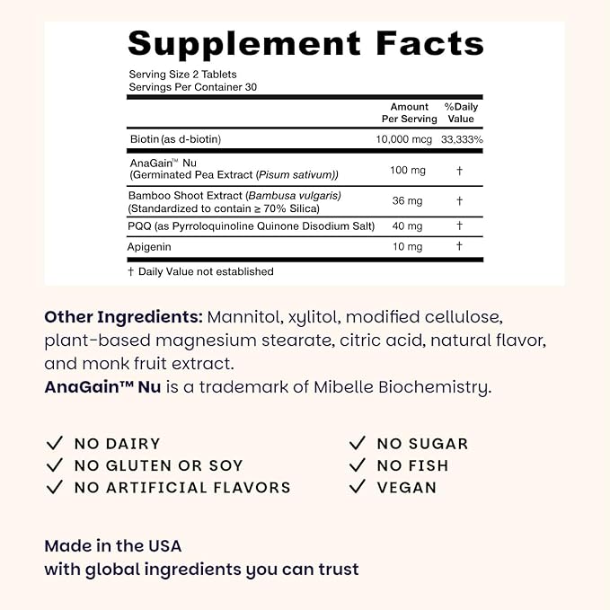 EZ Melts Hair Health Complete - Hair Supplement to Support Strength &amp Growth - Includes AnaGain Nu Biotin Apigenin Bambo Silica &amp More - 120 Sublingual Tablets (60 Servings)