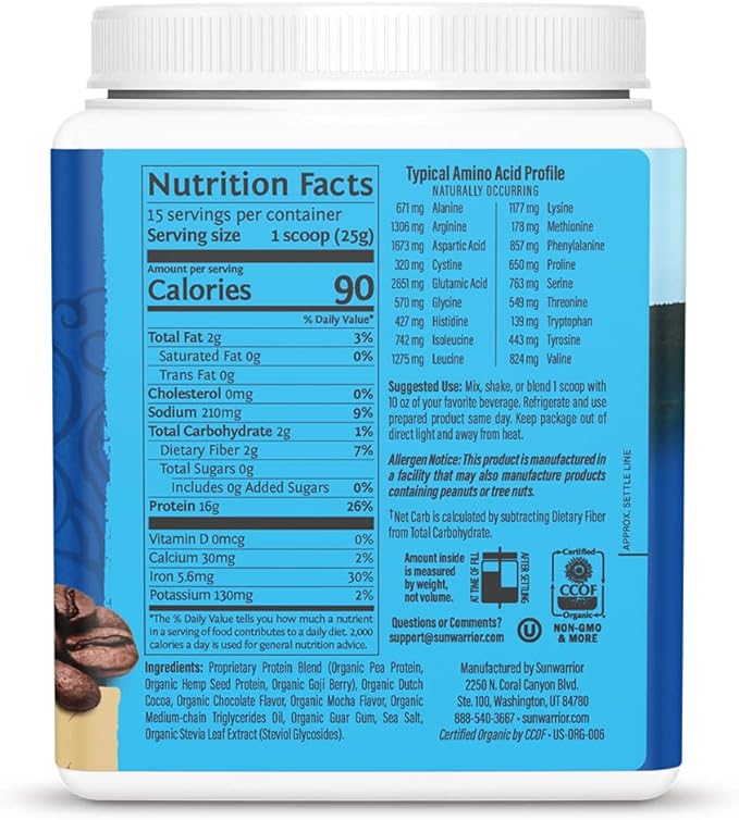 Sunwarrior Organic Plant Based Protein Powder | Vegan Organic Protein Powder Mocha Flavored with BCAA Amino Acids &amp Hemp Seed Pea Blend | Non-GMO Soy Dairy Filler &amp Gluten Free (Mocha 15 Serv