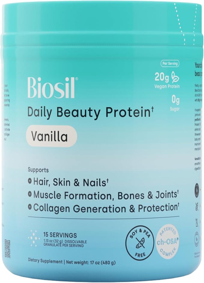 Biosil Daily Beauty Protein Vanilla - 17 oz - Vegan Protein + Collagen Powder for Strength Recovery Skin Hair Nails &amp Joints - Patented ch-OSA Generates Natural Production - 15 Servings