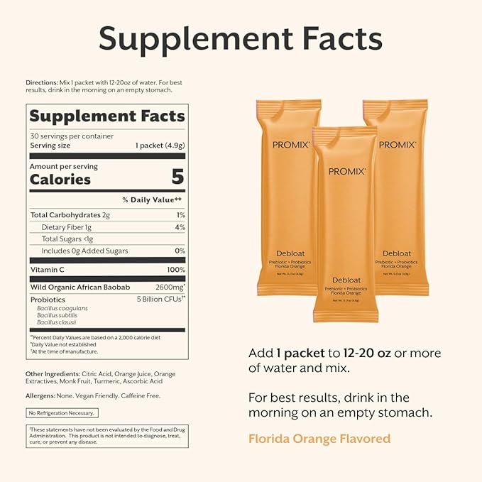 ProMix Nutrition Debloat Prebiotics and Probiotics with Baobab - Rich in Vitamin C Bloating Relief Immune Support - Orange - 30 Servings (Pack of 30)
