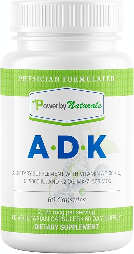 Power By Naturals ADK Vitamin Supplement – High Potency Blend of Vitamin A D3 5000 IU &amp K2 MK7 for Bone Health – Vitamin A D K Supplement – 60 Capsules (2 Month Supply)