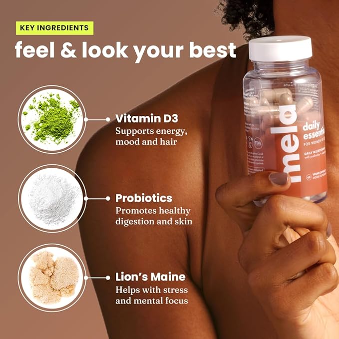 Mela Daily Essentials Multivitamin for Melanated Women - High-Dose Vitamin D3 and B12 Probiotics Lion's Mane Ceylon Cinnamon - Vegan Gluten Free Non-GMO 30 Day Supply (60 Capsules)