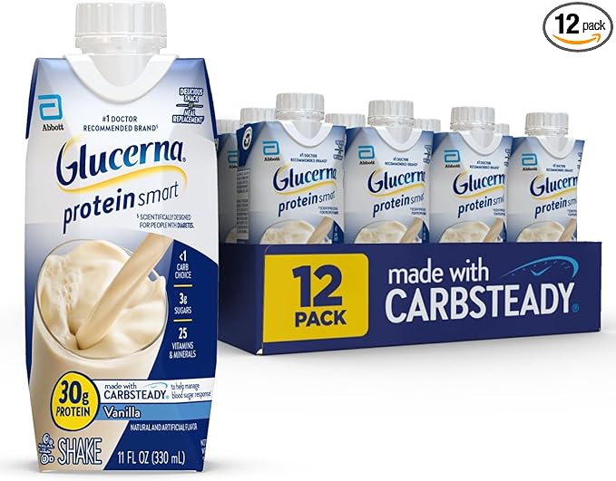Glucerna Protein Smart Diabetes Care Shake Vanilla Diabetic Meal Replacement to Support Blood Sugar Management 30g Protein 150 Calories Ready to Drink 11-fl-oz Bottle 12 Pack