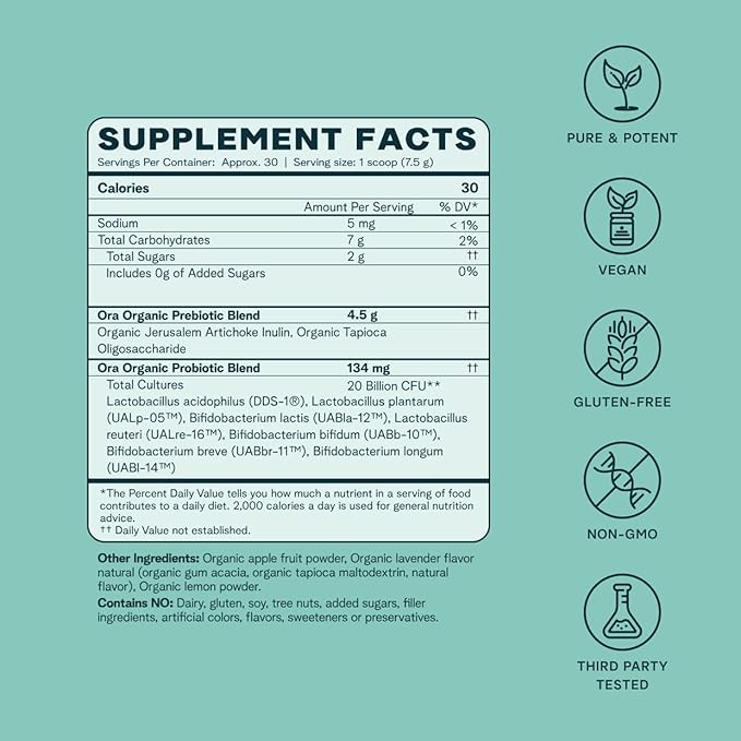 Ora Organic Prebiotic and Probiotic Powder Supplement - 20 Billion Probiotics 7 Strains for Best Prebiotic Powder Non-GMO Probiotics for Women Men &amp Kids - Lavender Lemonade Flavor 30 Serving