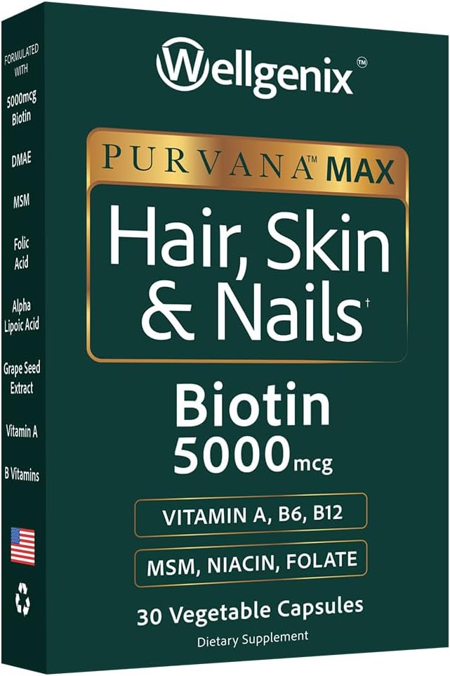 Wellgenix Purvana MAX Hair Skin and Nails Supplement – 5000mcg Biotin with MSM &amp B-Complex – Support for Thicker Hair Stronger Nails &amp Glowing Skin – 30 Veggie Capsules