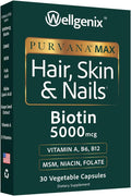 Wellgenix Purvana MAX Hair Skin and Nails Supplement – 5000mcg Biotin with MSM &amp B-Complex – Support for Thicker Hair Stronger Nails &amp Glowing Skin – 30 Veggie Capsules