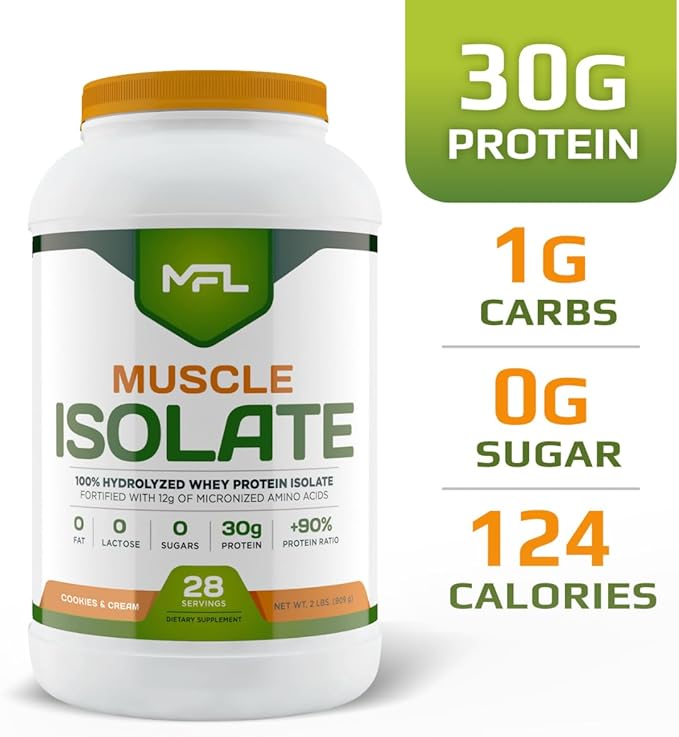 MFL 100% Isolate Protein l 30g of Protein l 12g Amino Acids l Keto Friendly l Low Carbs l 2 lbs. (Cookies &amp Cream)
