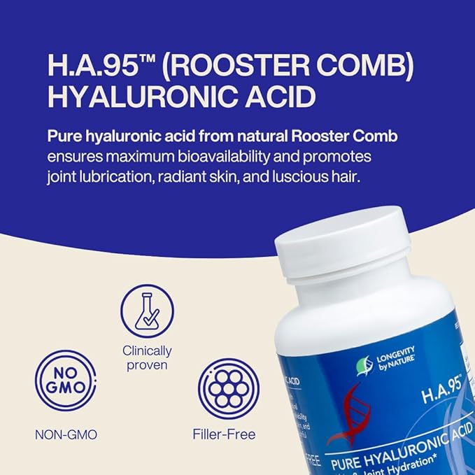 Longevity by Nature H.A.95 Hyaluronic Acid Supplements Antioxidant Skin Hydration Eye Joint Natural Rooster Comb 60 Capsules