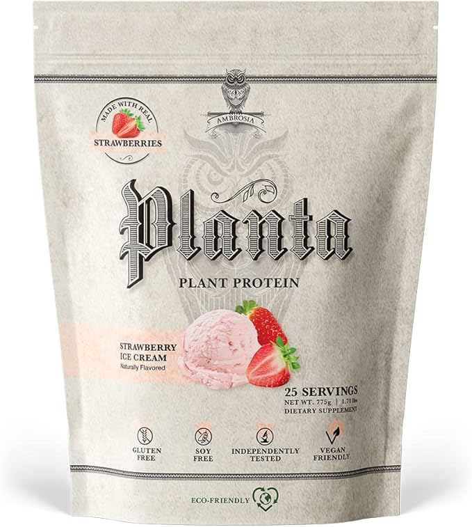Ambrosia Planta - Plant-Based Protein Powder 20g | Dairy Free Vegan Protein Powder with BCAA Amino Acids | Keto-Friendly No Added Sugar | 25 Servings | Strawberry Ice Cream
