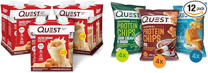 Quest Nutrition Ready to Drink Salted Caramel Protein Shake High Protein &amp Protein Chips Variety Pack (BBQ Cheddar &amp Sour Cream Sour Cream &amp Onion) High Protein Low Carb 1.1 Ounce (