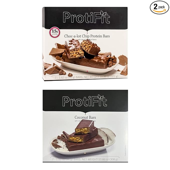 PROTIFIT - Low Calorie Choc-A-Lot Chip &amp Coconut Crunch Protein Bar 2 Pack High Protein 15g Protein Low Carb Low Sugar Ideal Protein Compatible 7 Servings Per Box (2 Pack)