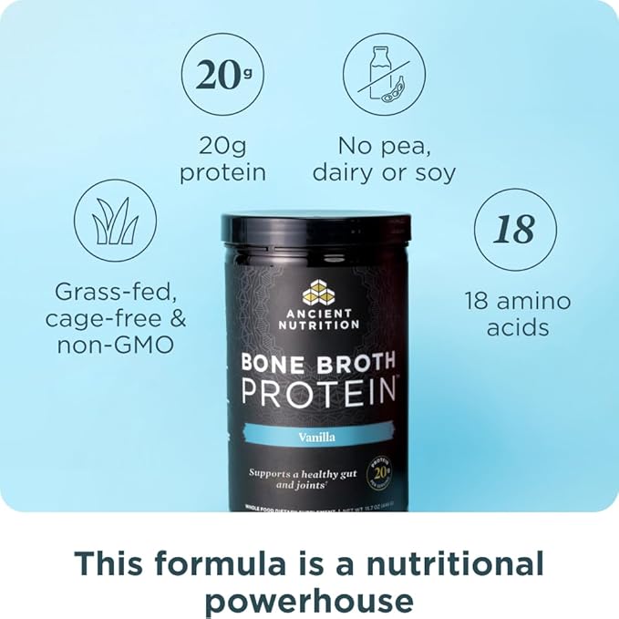Ancient Nutrition Grass Fed Cage Free Bone Broth Protein Powder 20g Protein Hydrolyzed Collagen Peptides Keto &amp Paleo Friendly Supports Joint Gut Health Vanilla 20 Servings