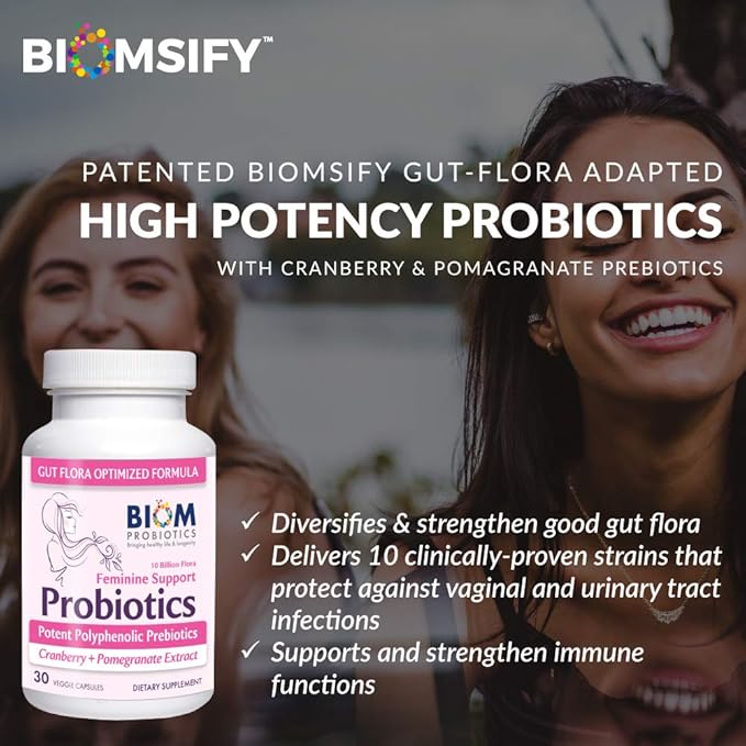 Biom Complete Feminine Balance Women's Daily Probiotics + Prebiotics with Organic Cranberry &amp Pomegranate with Lactobacillus crispatus Gluten &amp Dairy-Free. 30 Servings