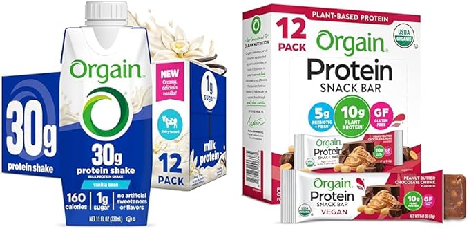 Bundle of Orgain 30g High Protein Shake Vanilla Bean 5g BCAAs 11 Fl Oz Pack of 12 + Orgain Organic Vegan Protein Bars Peanut Butter Chocolate Chunk10g Plant Based Protein Pack of 12