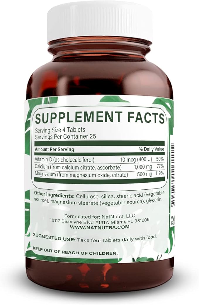 Natural Nutra Cal-Mag Citrate with Vitamin D31000/500 mg Complex Strengthen Bone Density Muscle and Nerve Health Help Maintain Healthy Teeth Highly Bioavailable Sources 100 Vegan Tablets