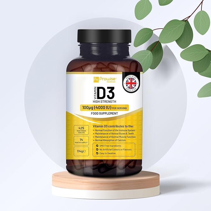 Vitamin D3 4000IU High Strength I 425 Vegetarian Tablets (14 Months Supply) I Easy Swallow Vitamin D3 Supplement for Immune Support Calcium Boost Bone &amp Muscle I Made in the UK by Prowise Health