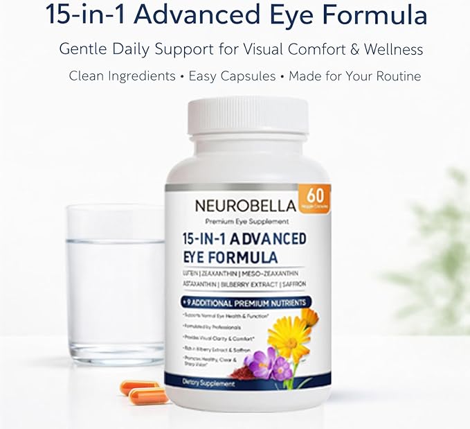 Neurobella Eye Formula 15 in 1 Daily Eye Wellness Supplement with Lutein Zeaxanthin Bilberry &amp Vitamins Clean Capsule Formula for Adult Wellness Routine (1)