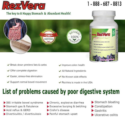 #1 Best All Natural Digestive Supplement for IBS Irritable Bowel Syndrome Stomach Bloating Gas Diarrhea Heartburn Acid Reflux Constipation Indigestion - RezVera 90 Capsules