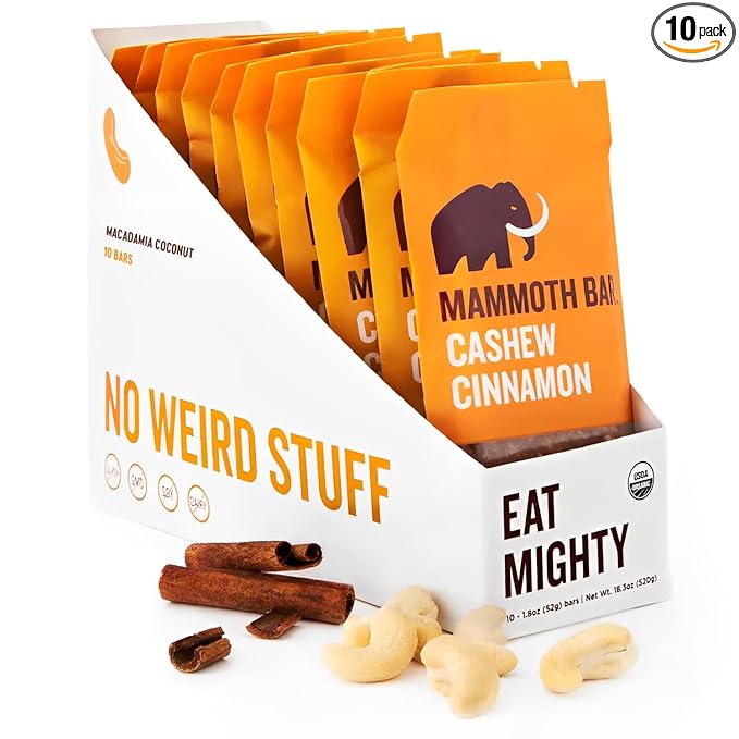 Cashew Cinnamon Bar- Organic Paleo Gluten Free and Raw by Mammoth Bar 10-12g Protein 1.8 Oz. Bar (10 Bars) …