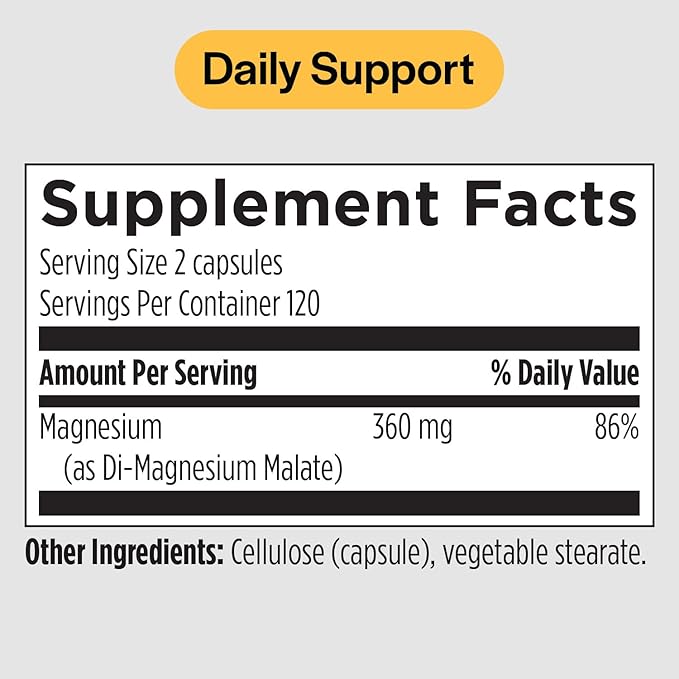 PureFormulas Magnesium Malate Capsules - Chelated Magnesium as DiMagnesium Malate - Highly Bioavailable Form to Support Energy Bone Health + Muscle Recovery malato de magnesio 360 mg - 240 Capsules