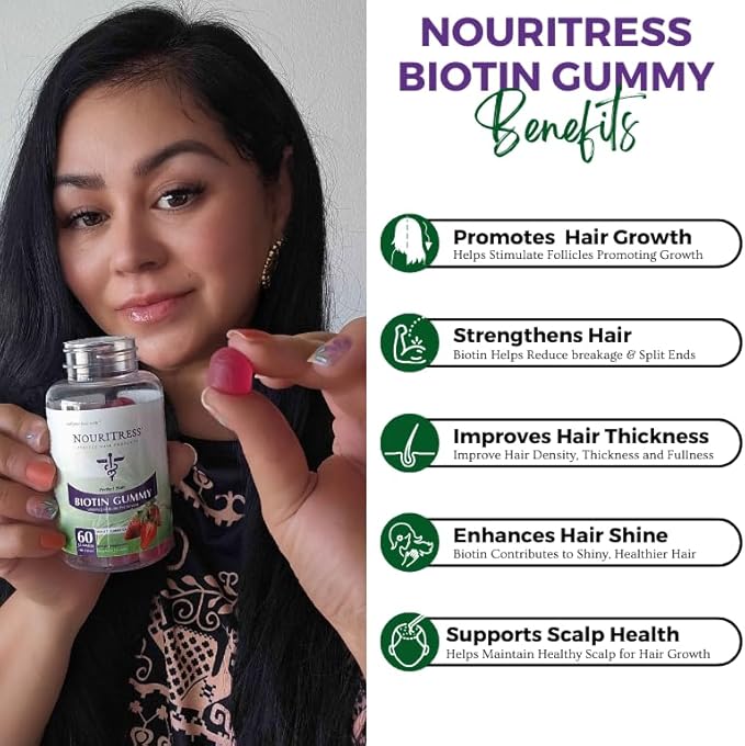 NouriTress Perfect Hair Biotin Gummies - 60 ct. | 5000 mcg | Soft Chew | Supports Healhty Hair Skin and Nails | Strawberry Flavored | Soft Chew | 1 Month Supply