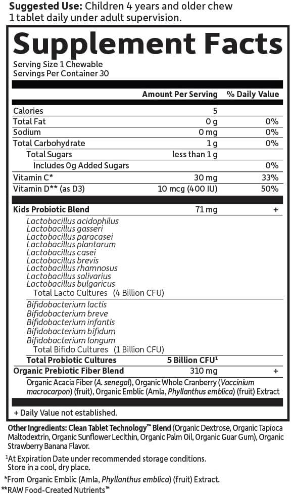 Garden of Life Dr. Formulated Probiotics Organic Kids+-Digestive Health Support-Prebiotic Fiber&ampVitamins C&ampD-Supports Immune Function-Shelf Stable-Strawberry Banana30 Yummy Chewables(Pack of