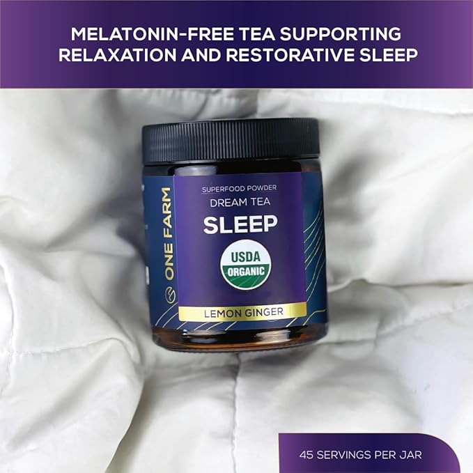One Farm Dream Tea Sleep Powder - with USDA Organic Reishi Tart Cherry Chamomile Lemon Balm and Passionflower - 45 Servings in a Resealable Glass Jar - Soothing Chamomile Flavor