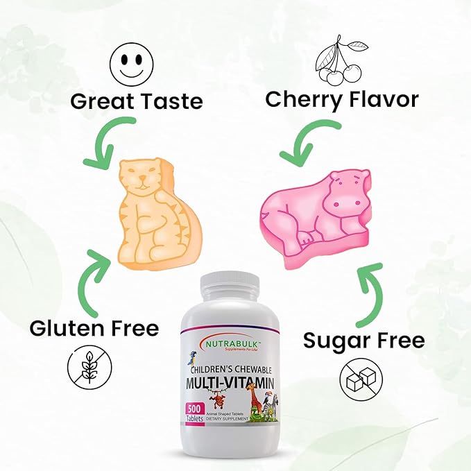 NutraBulk Children’s Chewable Multi-Vitamins - Promoting Kids' Overall Development - USA-Made May Help to Support Immune Bone Brain &amp Overall Well Being- Vegan &amp Gluten Free - 500 Cherry Ta