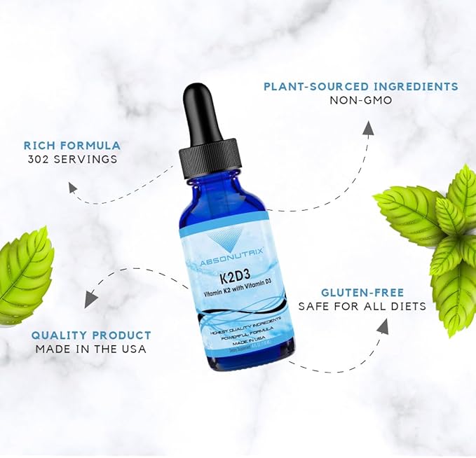 Absonutrix K2D3 390 mg 4 FL OZ Liquid 302 Servings Made in USA Plant-Based Ingredients Vitamin K2 Echinacea Extract Gluten-Free Non-GMO